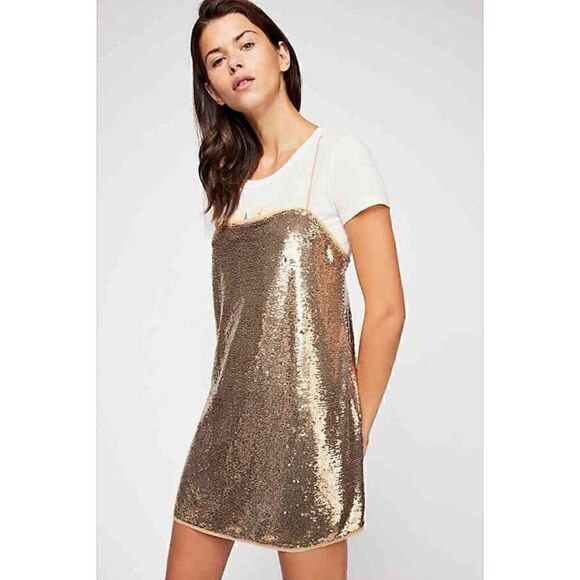 Free People Time to Shine Slip Dress in Gold Metallic Size S - Picture 1 of 8